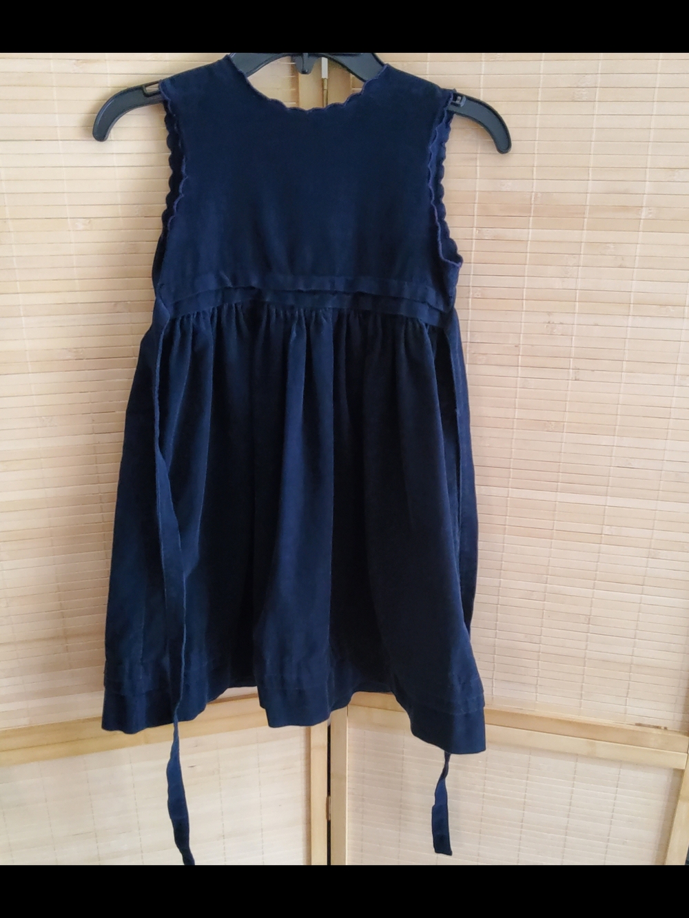Navy Sleeveless Kids Corduroy Dress with Scalloped Trim